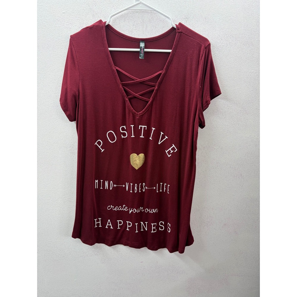 Electric Pink Womens 1X Burgundy Graphic Tee Strappy V-Neck Positive Mind